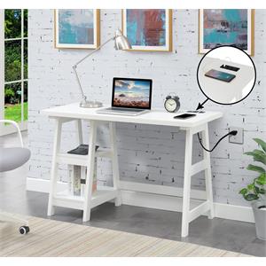 Scranton & Co Trestle Desk with Charging Station in White Engineered Wood