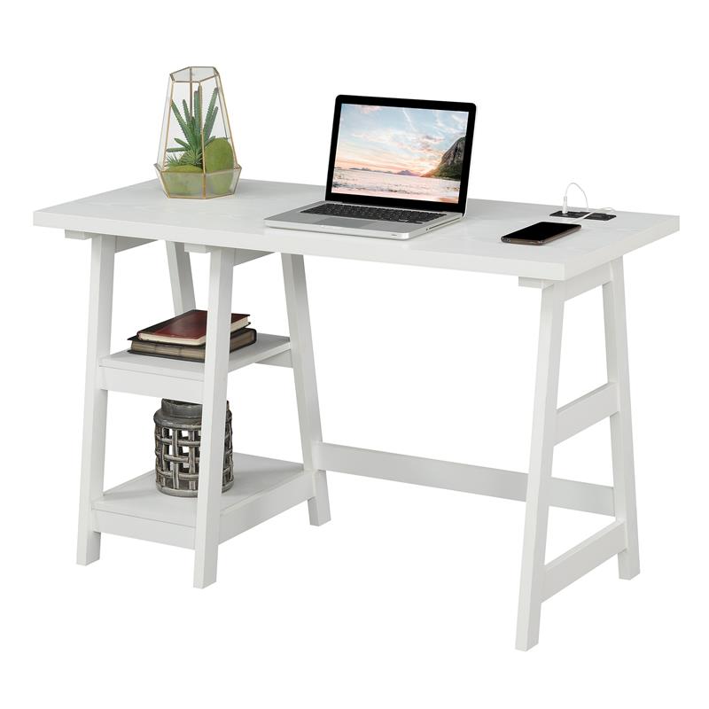 Scranton & Co Trestle Desk with Charging Station in White Engineered Wood