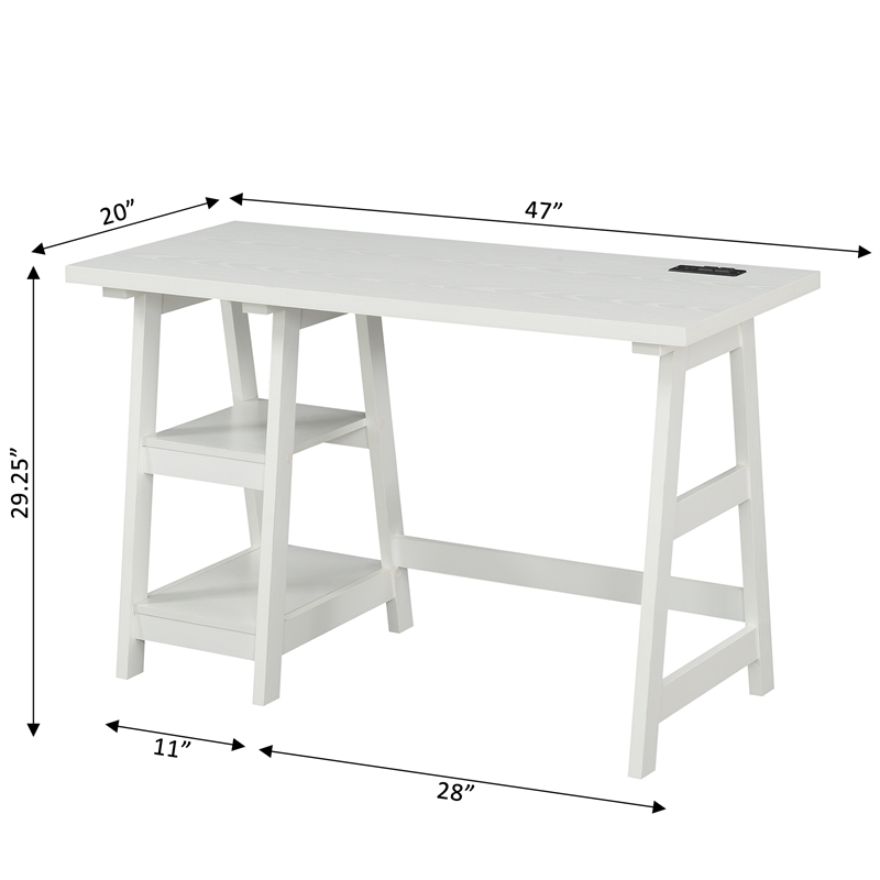 Scranton & Co Trestle Desk with Charging Station in White Engineered Wood