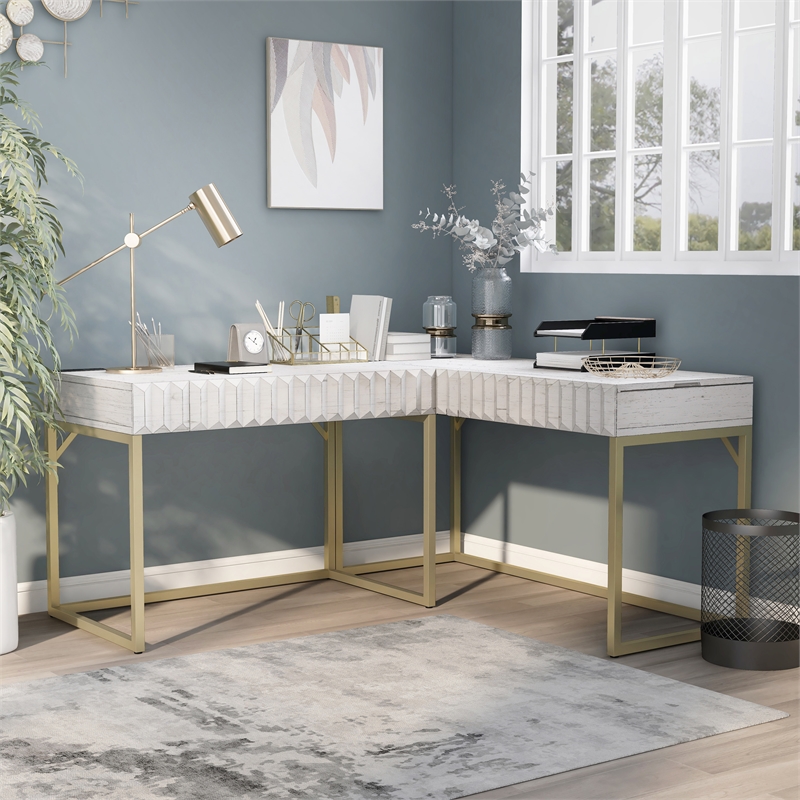 Scranton & Co 2-Piece L-Shaped Writing Desk Set in White Finish