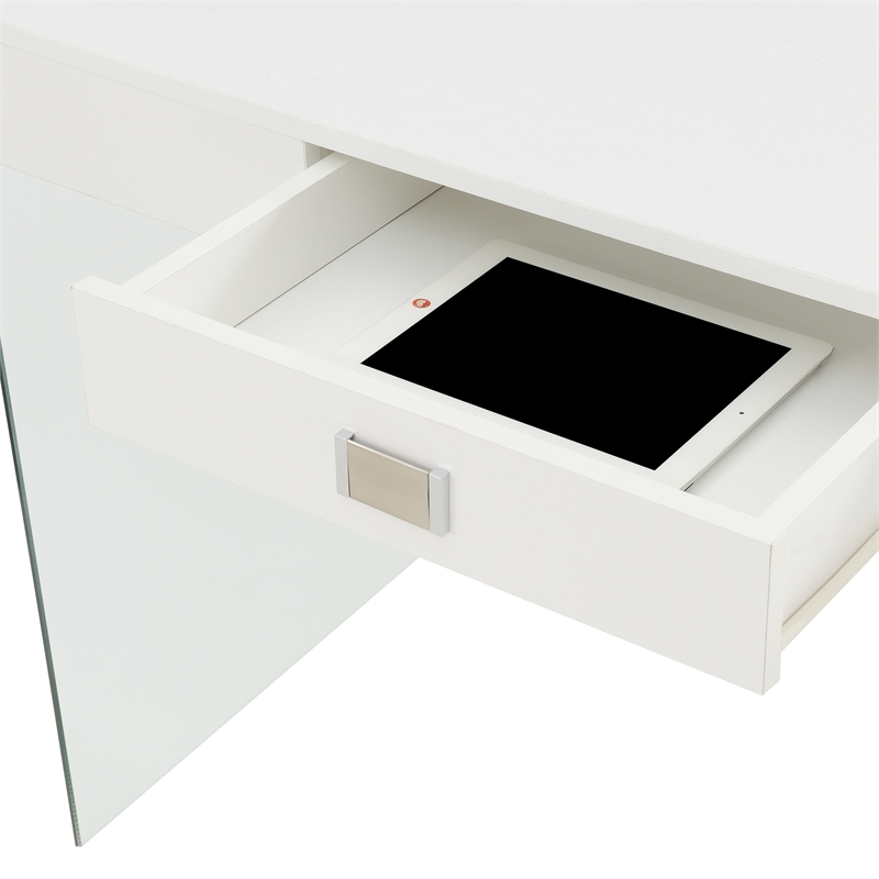 Scranton & Co 42-Inch Glass Desk with Charging Station in White Finish