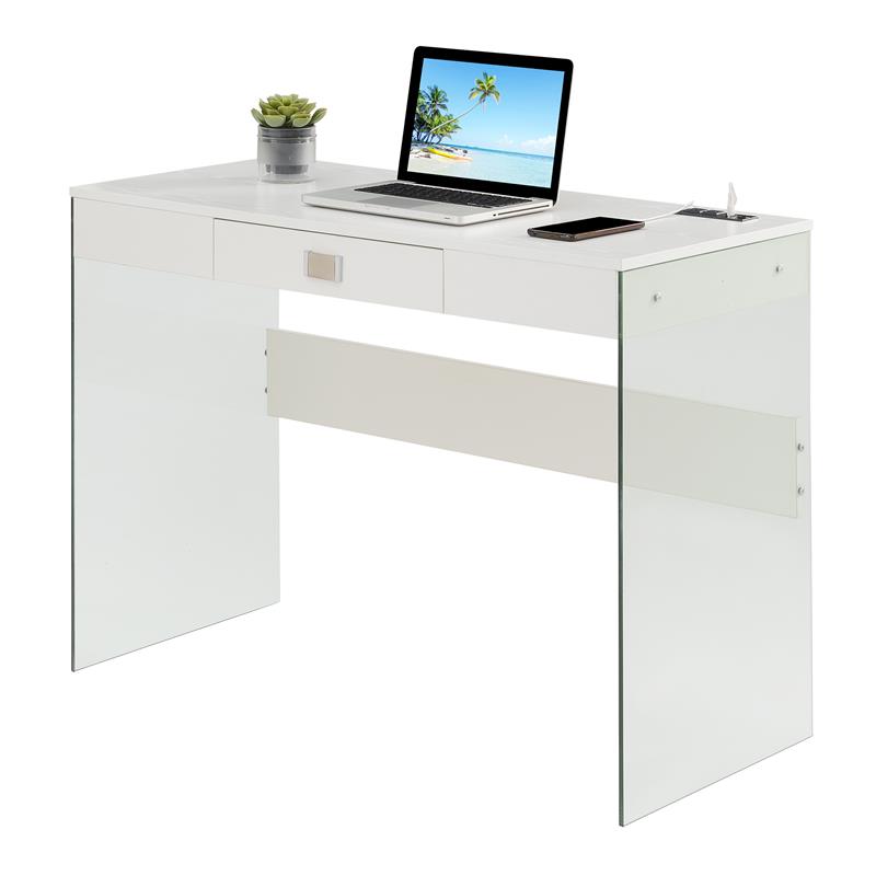 Scranton & Co 42-Inch Glass Desk with Charging Station in White Finish