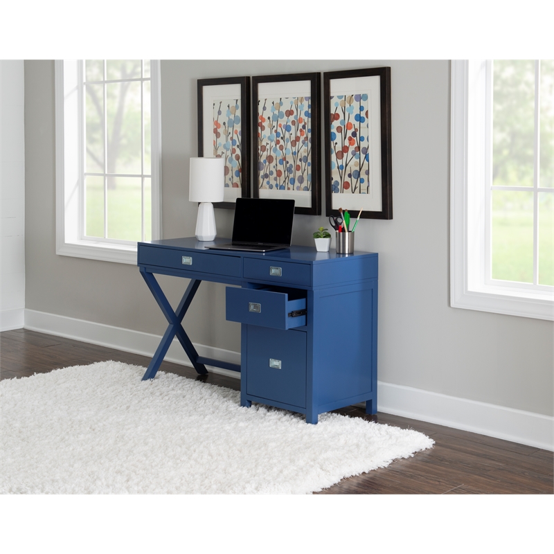 Scranton & Co Navy Blue Wood Desk with 4 Drawers and Silver Hardware
