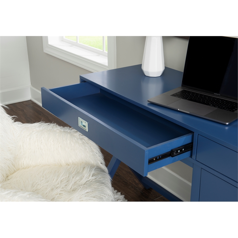 Scranton & Co Navy Blue Wood Desk with 4 Drawers and Silver Hardware