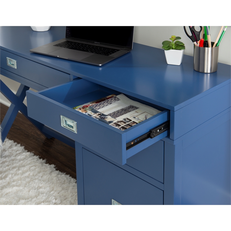 Scranton & Co Navy Blue Wood Desk with 4 Drawers and Silver Hardware