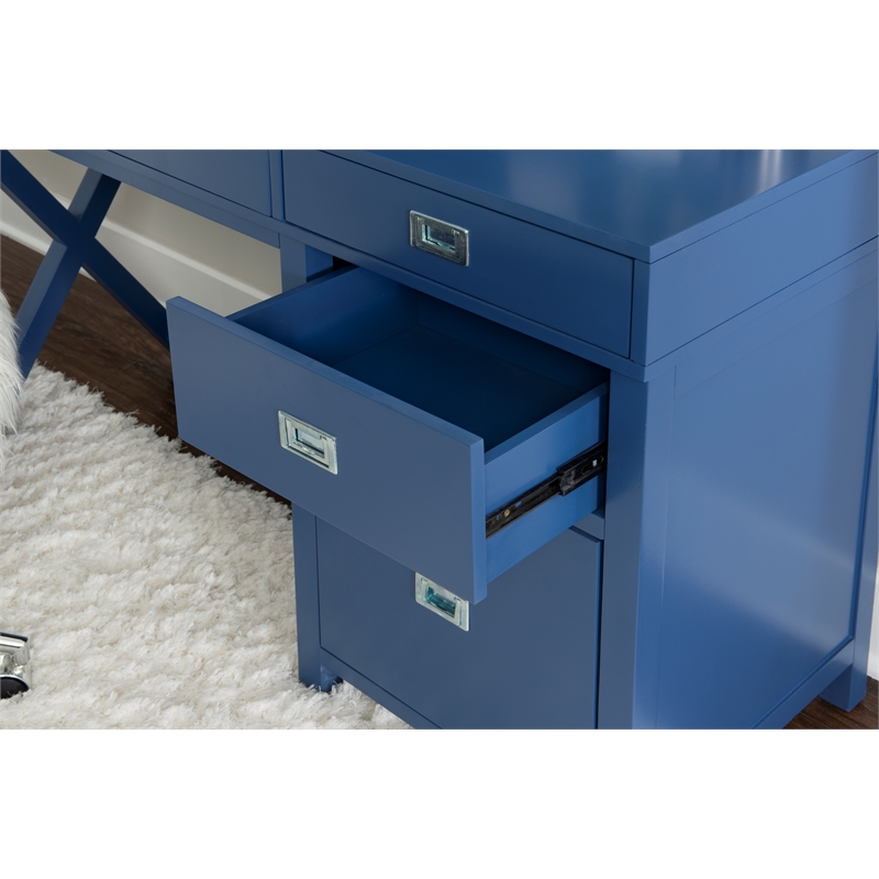 Scranton & Co Navy Blue Wood Desk with 4 Drawers and Silver Hardware