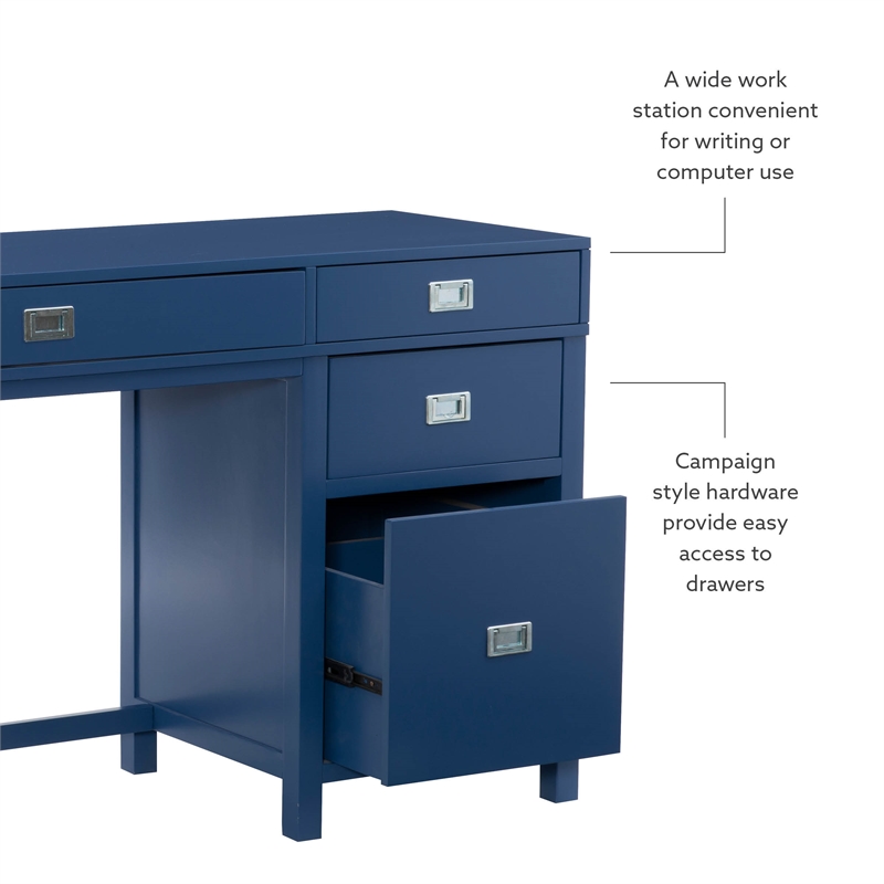 Scranton & Co Navy Blue Wood Desk with 4 Drawers and Silver Hardware