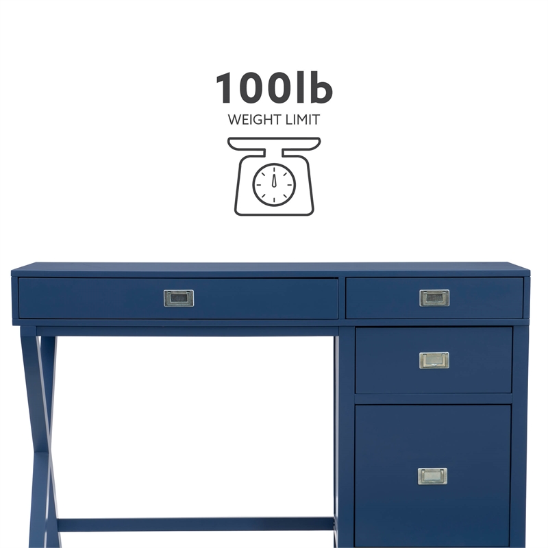 Scranton & Co Navy Blue Wood Desk with 4 Drawers and Silver Hardware