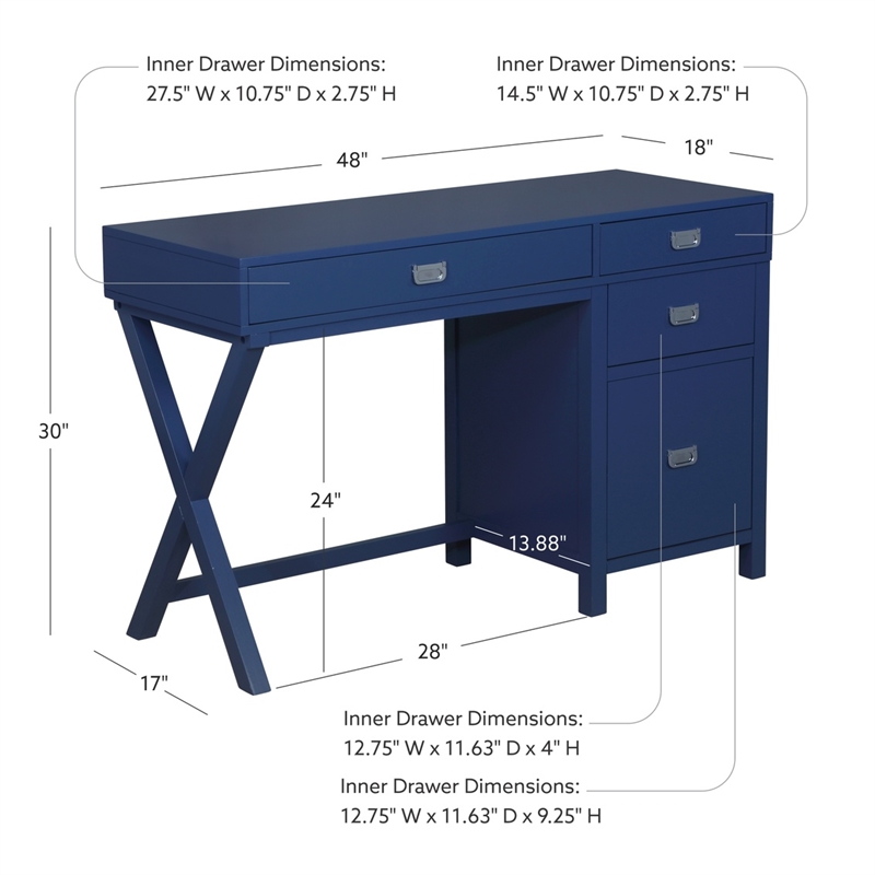 Scranton & Co Navy Blue Wood Desk with 4 Drawers and Silver Hardware