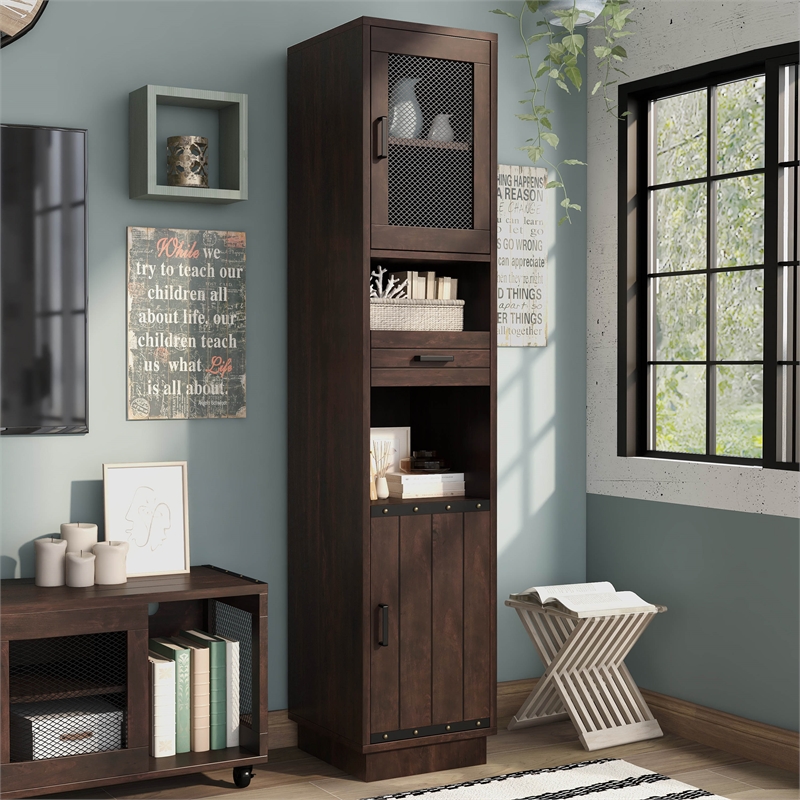 Scranton & Co Multimedia Storage Tower Cabinet in Vintage Walnut Finish
