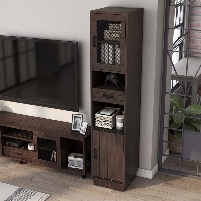 Scranton & Co Multimedia Storage Tower Cabinet in Vintage Walnut Finish