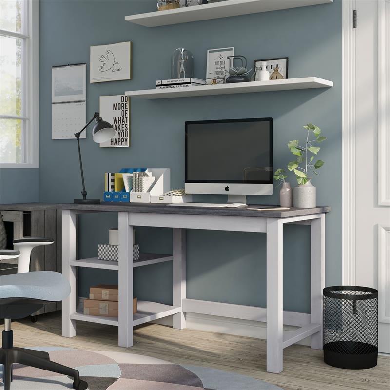 Scranton & Co Modern Wood Desk with Shelves in White Oak