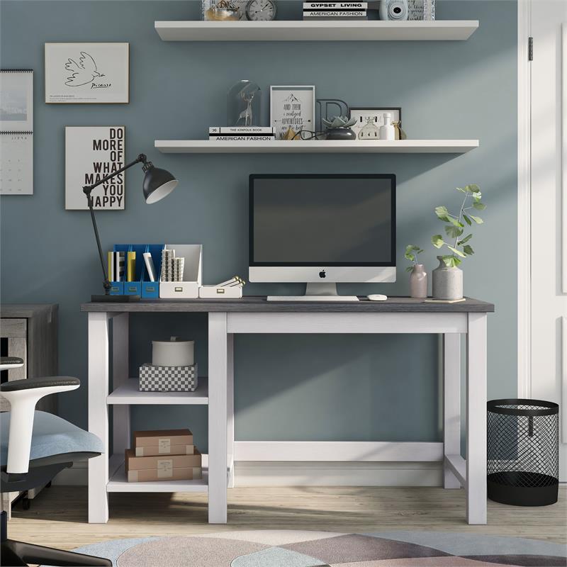 Scranton & Co Modern Wood Desk with Shelves in White Oak