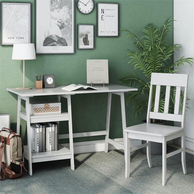 Scranton & Co Wood 2-Piece Writing Desk and Ladder Back Chair Set in White