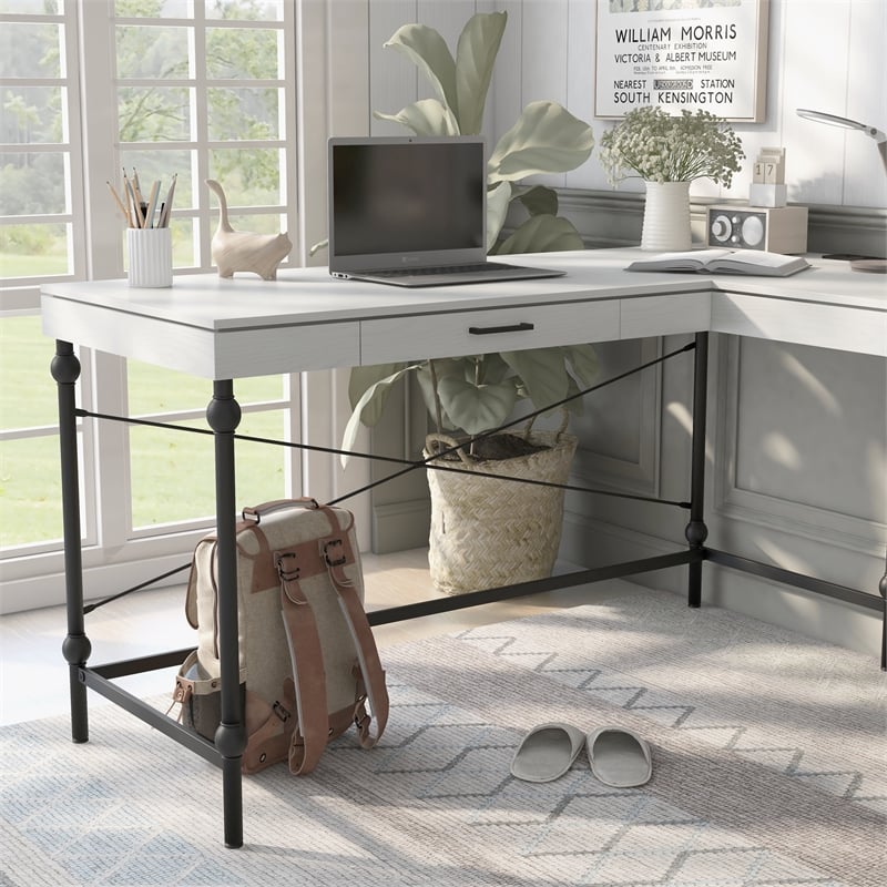Scranton & Co L-Shaped Wooden Desk with Drawer in Antique White