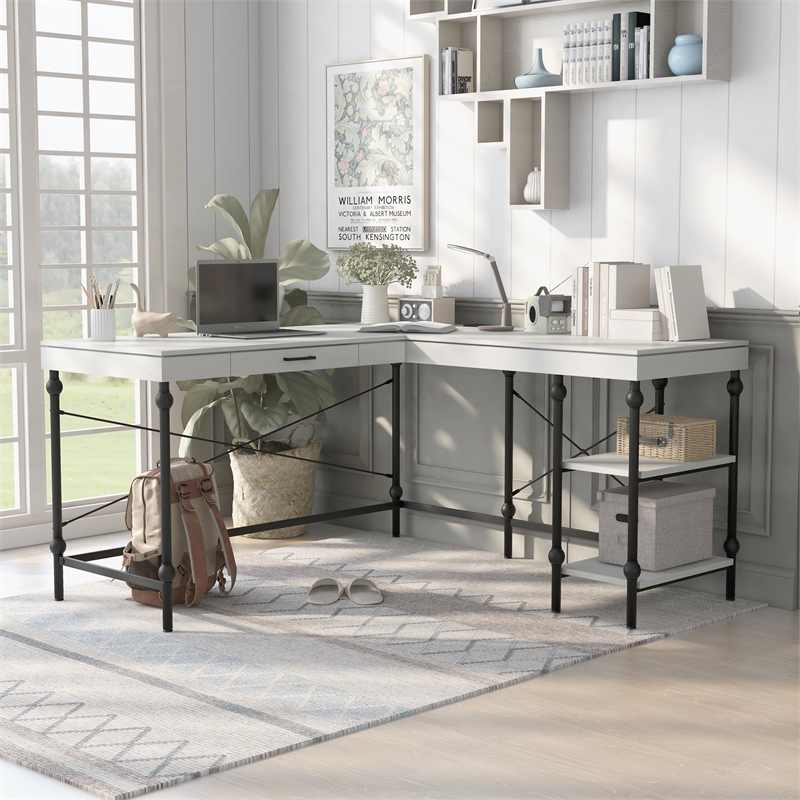 Scranton & Co L-Shaped Wooden Desk with Drawer in Antique White