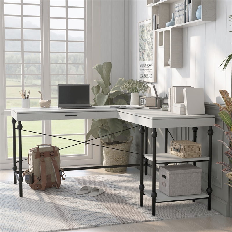 Scranton & Co L-Shaped Wooden Desk with Drawer in Antique White