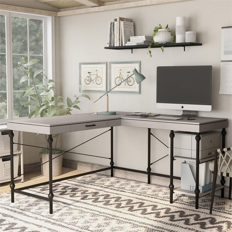 Scranton & Co L-Shaped Wooden Desk in Antique Gray with Drawer