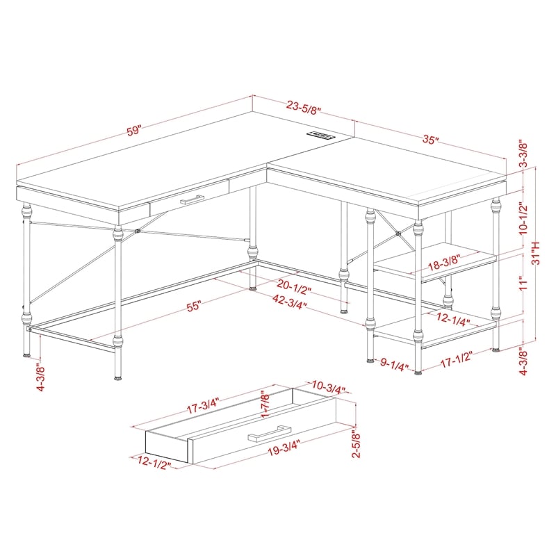 Scranton & Co L-Shaped Wooden Desk in Antique Gray with Drawer
