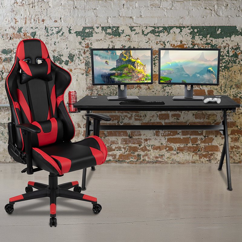 Scranton & Co Black Gaming Desk Bundle with Faux Leather Chair in Red