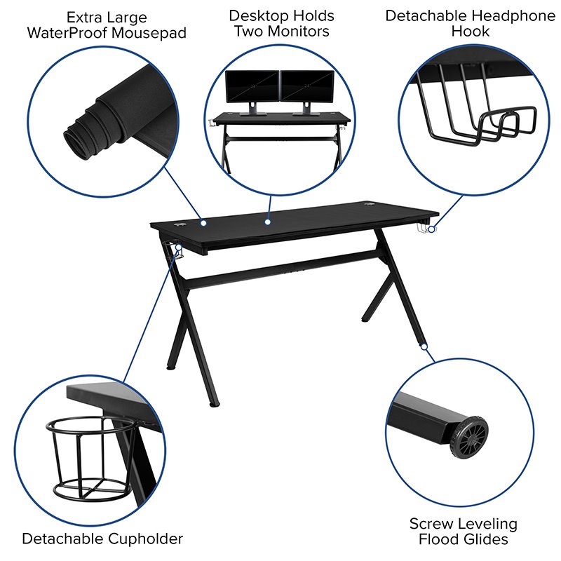 Scranton & Co Black Gaming Desk Bundle with Faux Leather Chair in Red