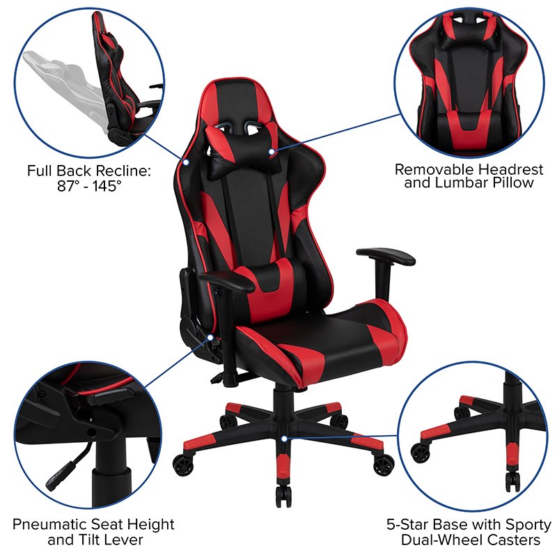 Scranton & Co Black Gaming Desk Bundle with Faux Leather Chair in Red