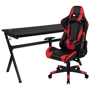 Scranton & Co Black Gaming Desk Bundle with Faux Leather Chair in Red