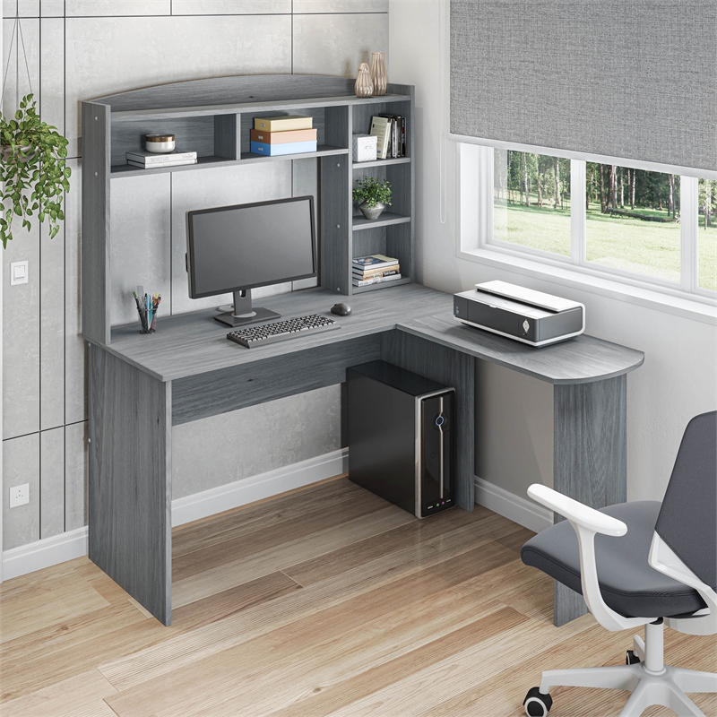 Scranton & Co L-Shaped Computer Desk with Hutch in Gray Engineered Wood