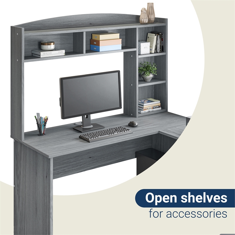 Scranton & Co L-Shaped Computer Desk with Hutch in Gray Engineered Wood