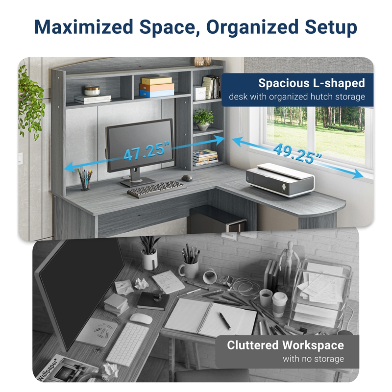 Scranton & Co L-Shaped Computer Desk with Hutch in Gray Engineered Wood