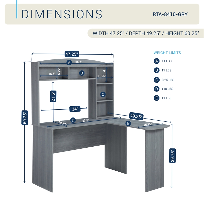 Scranton & Co L-Shaped Computer Desk with Hutch in Gray Engineered Wood