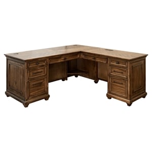 Scranton & Co Wood L-Shaped Office Desk with Grommets in Brown