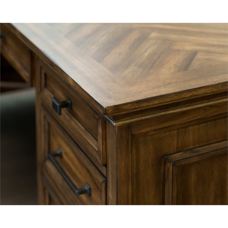 Scranton & Co Wood L-Shaped Office Desk with Grommets in Brown