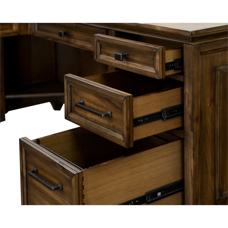 Scranton & Co Wood L-Shaped Office Desk with Grommets in Brown