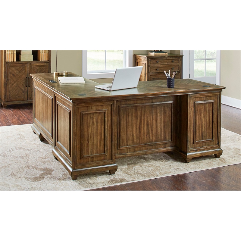 Scranton & Co Wood L-Shaped Office Desk with Grommets in Brown