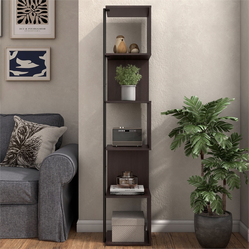 Scranton & Co Modern Wood 5-Shelf Corner Bookcase in Red Cocoa
