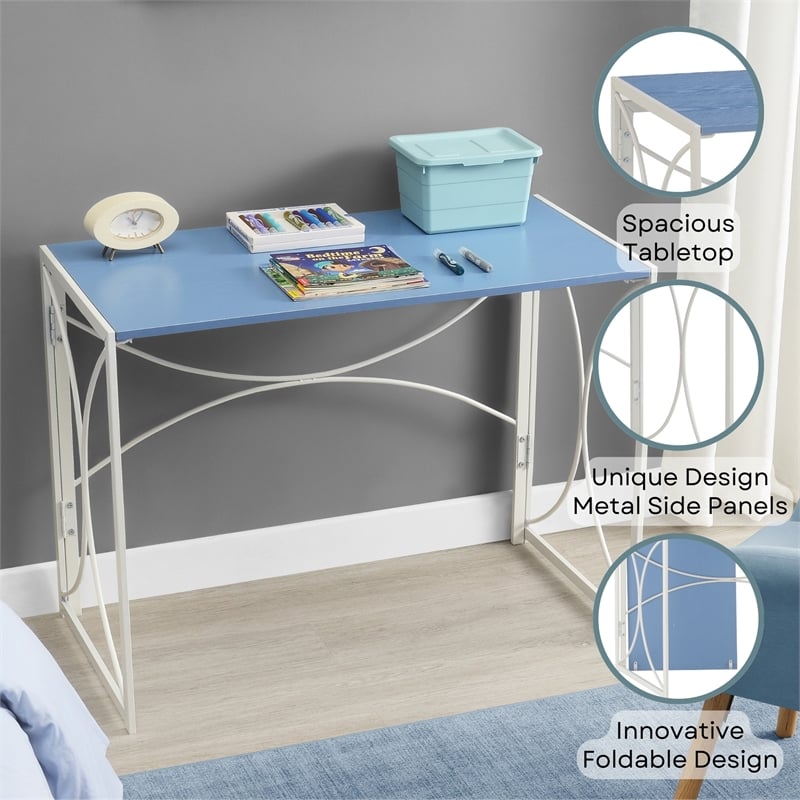 Scranton & Co Folding Desk in Blue Wood with White Metal Frame