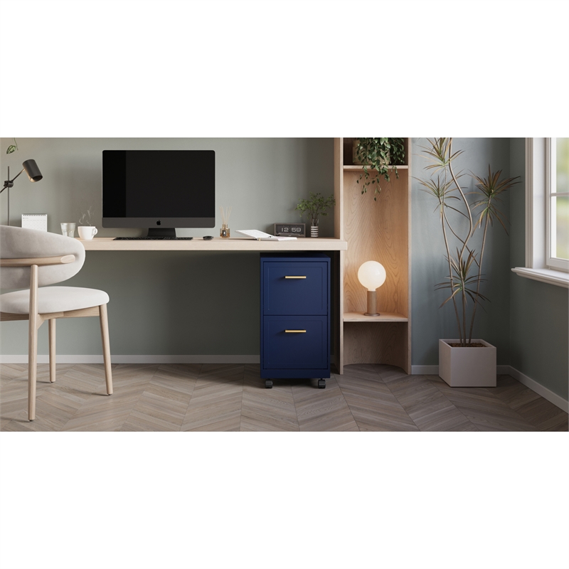 Scranton & Co 2-Drawer Mobile File Cabinet in Navy with Gold Handles
