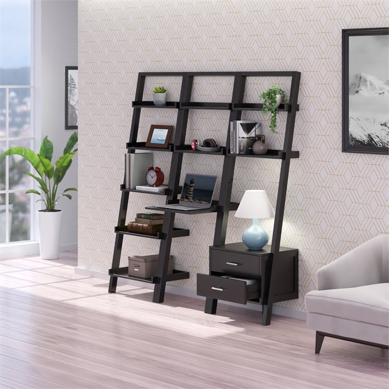 Scranton & Co 3-Piece Wood Leaning Desk Shelf Set in Black