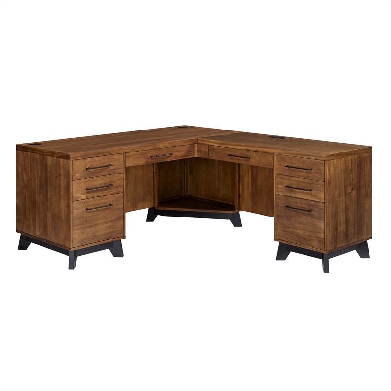 Scranton & Co Modern Wood Double Pedestal L-Desk Brown Finish