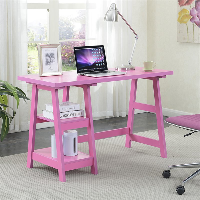 Scranton & Co Trestle Desk with Shelves in Pink Wood Finish