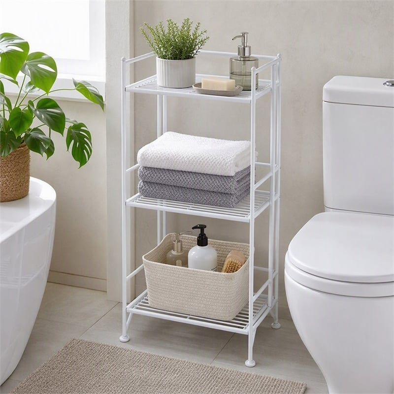 Scranton & Co Three-Tier Folding Shelf in White Metal Finish