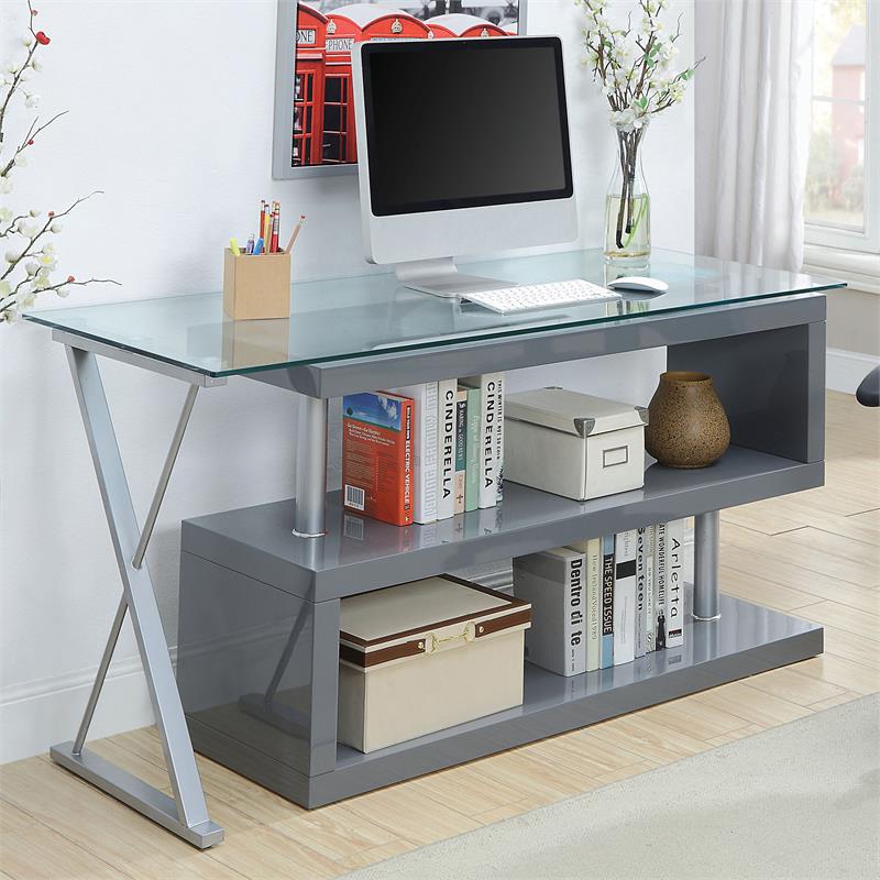 Scranton & Co Modern Gray Metal Swivel Writing Desk with Glass Top