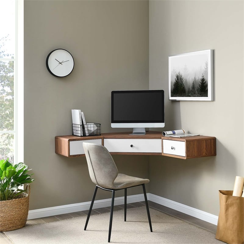 Scranton & Co Wall-Mount Corner Wood Office Desk in Walnut and White