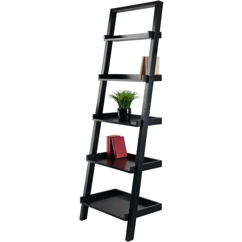 Scranton & Co 5 Shelf Solid Wood Leaning Bookcase in Black