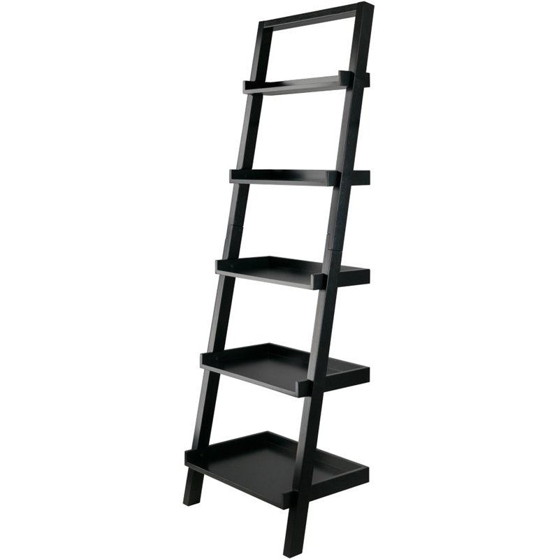 Scranton & Co 5 Shelf Solid Wood Leaning Bookcase in Black