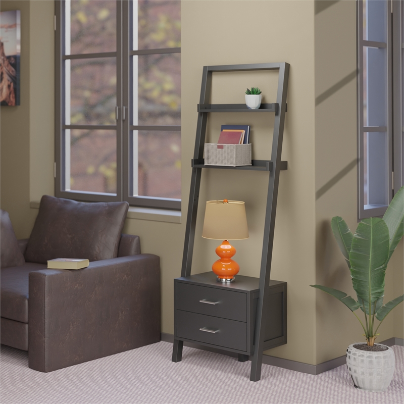 Scranton & Co Leaning Drawer Bookcase with 2 Shelves in Black Wood