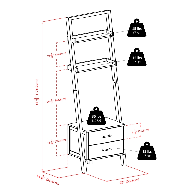 Scranton & Co Leaning Drawer Bookcase with 2 Shelves in Black Wood