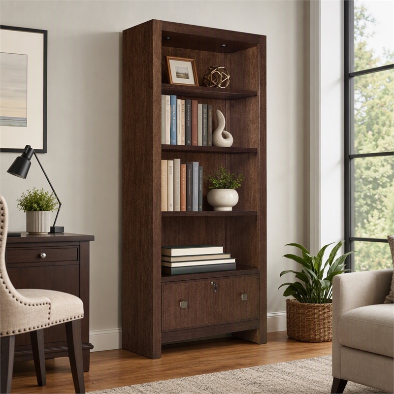 Scranton & Co Archives Glass Shelf Bookcase in Walnut Finish
