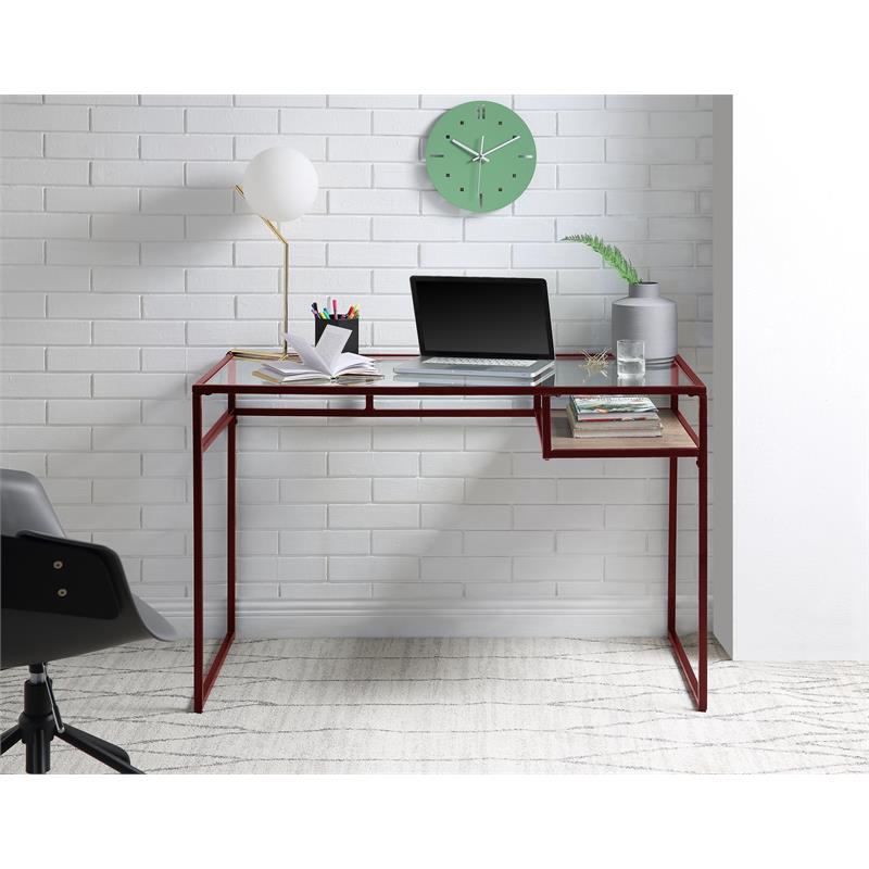 Scranton & Co Glass Writing Desk with Wooden Shelf in Red and Clear